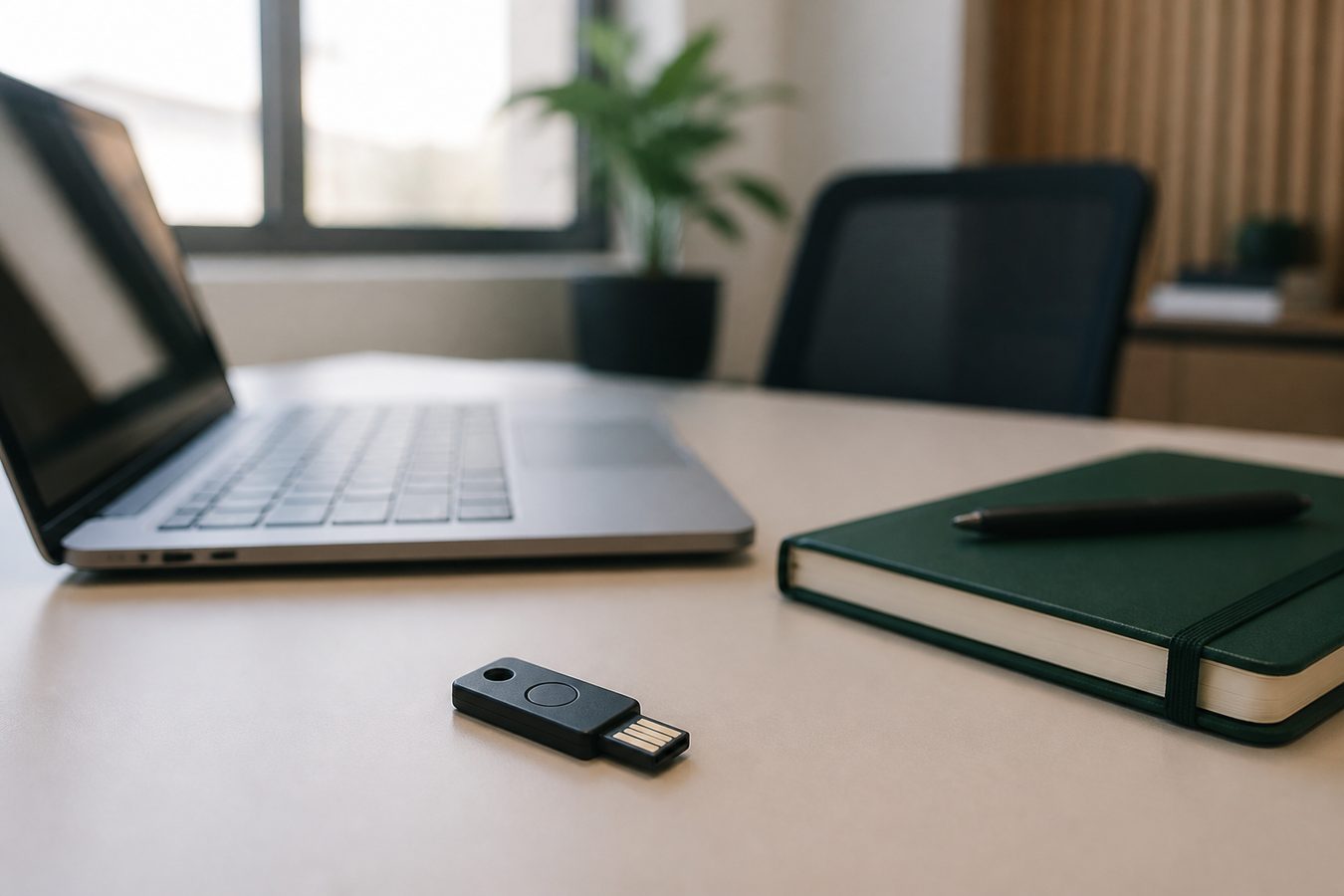 Token de segurança e notebook em um escritório