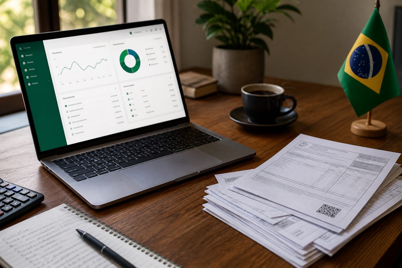 Mesa de trabalho com notebook e documentos fiscais de uma pequena empresa