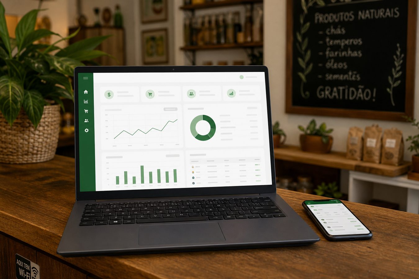 Notebook no balcão de um comércio usando o Alínea mesmo sem internet